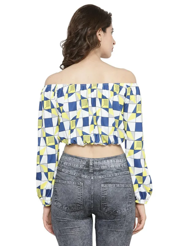Geometric_Print_Off_Shoulder_Long_Sleeves_Short_Tee_Ruffle_Trim_Casual_Crop_Top_For_Women