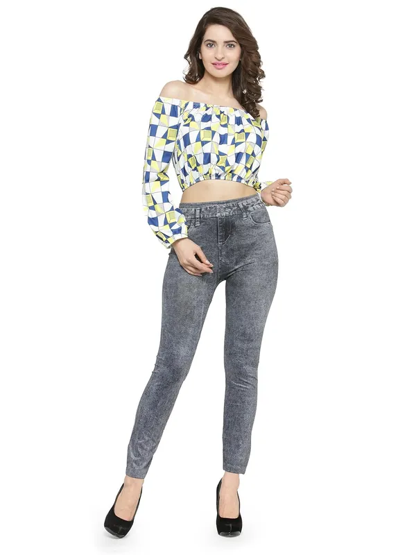 Geometric_Print_Off_Shoulder_Long_Sleeves_Short_Tee_Ruffle_Trim_Casual_Crop_Top_For_Women