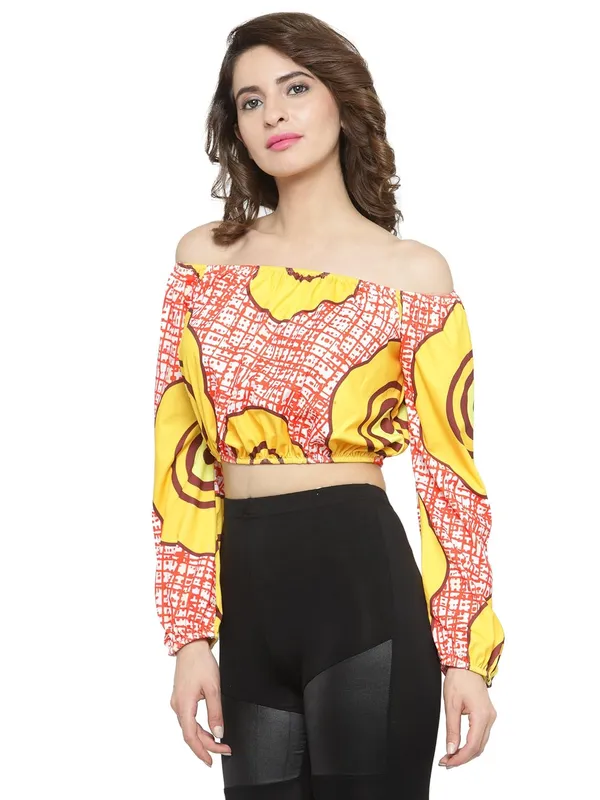 Geometric_Print_Off_Shoulder_Long_Sleeves_Short_Tee_Ruffle_Trim_Casual_Crop_Top_For_Women