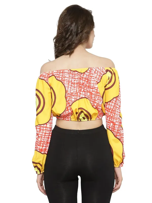 Geometric_Print_Off_Shoulder_Long_Sleeves_Short_Tee_Ruffle_Trim_Casual_Crop_Top_For_Women