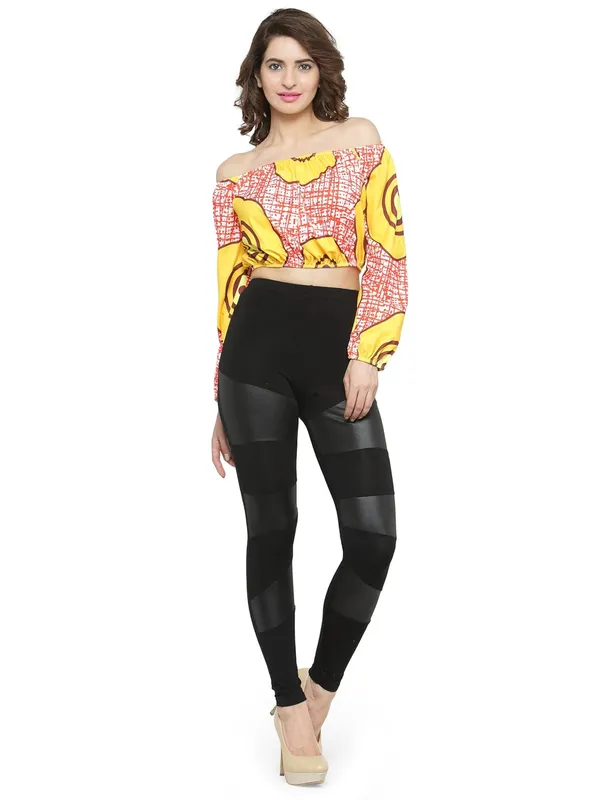 Geometric_Print_Off_Shoulder_Long_Sleeves_Short_Tee_Ruffle_Trim_Casual_Crop_Top_For_Women