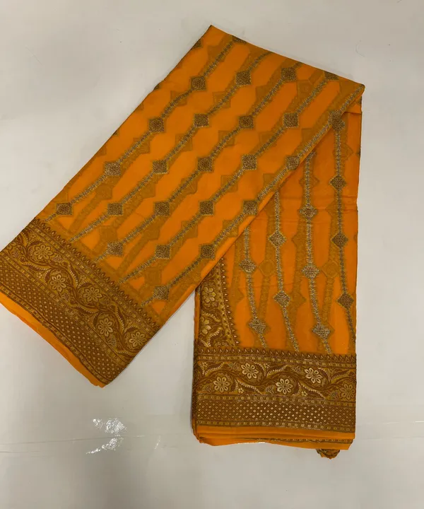 Humairah_Presents_Pure_Handloom_Mustard_Chiffon_Copper_Stripe_Booti_Jaal_with_Resham_Mina_Zari_Border_and_Mustard_Blouse