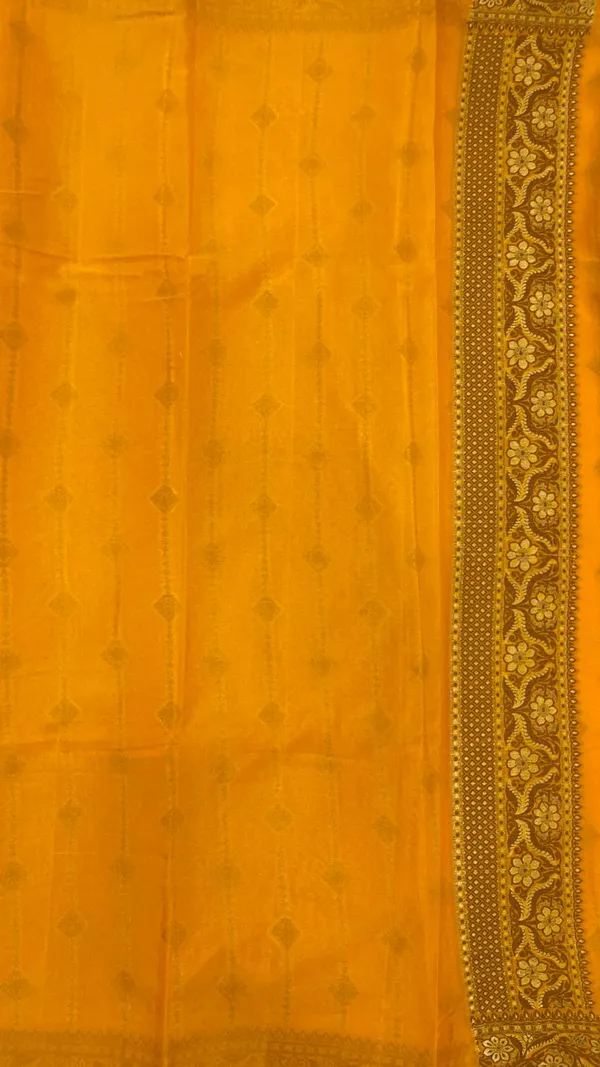 Humairah_Presents_Pure_Handloom_Mustard_Chiffon_Copper_Stripe_Booti_Jaal_with_Resham_Mina_Zari_Border_and_Mustard_Blouse