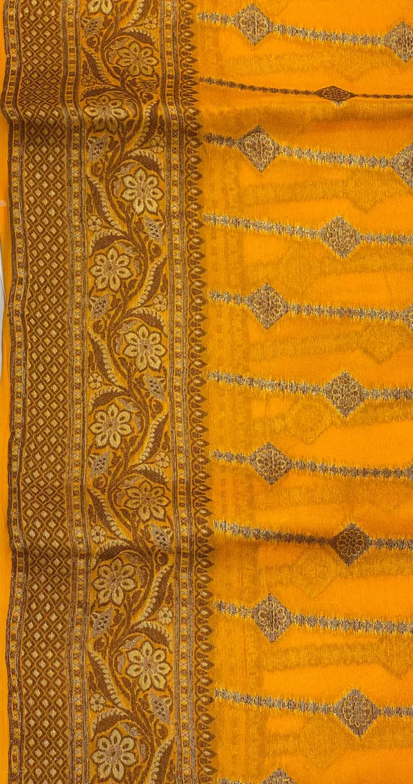 Humairah_Presents_Pure_Handloom_Mustard_Chiffon_Copper_Stripe_Booti_Jaal_with_Resham_Mina_Zari_Border_and_Mustard_Blouse