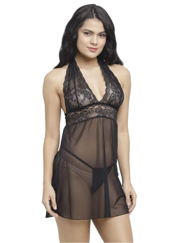 Black_Lycra_Halter_Neck_Babydoll_Nighty_with_Panty_For_Women
