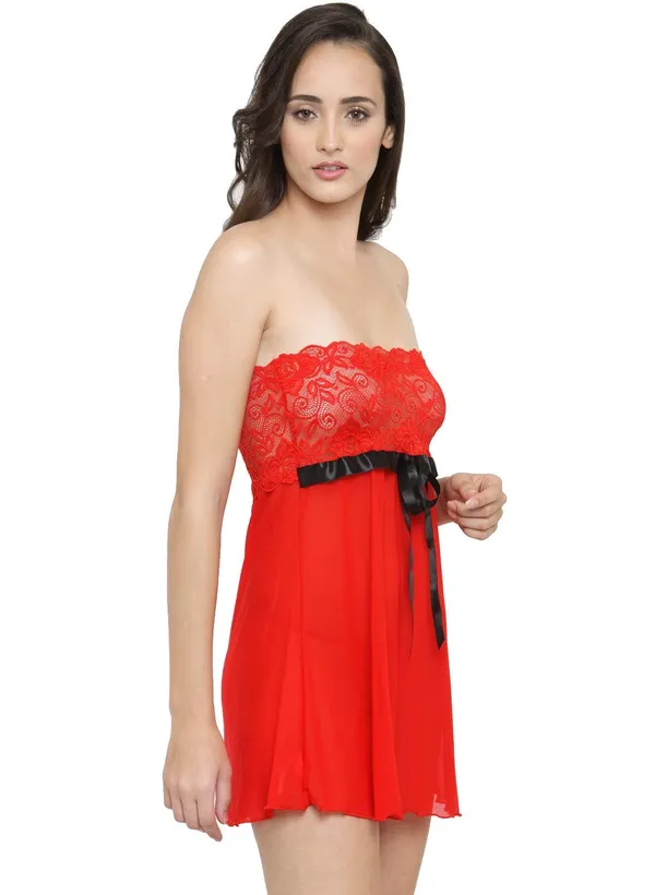 Strapless_Sheer_Lace_Short_Nighty_Nightwear_Bridal_Babydoll_Dress_For_Women