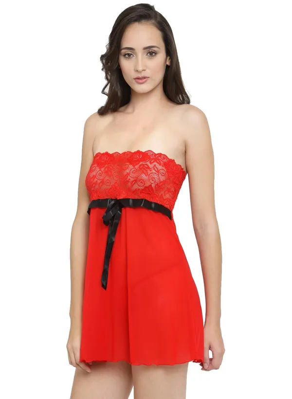 Strapless_Sheer_Lace_Short_Nighty_Nightwear_Bridal_Babydoll_Dress_For_Women