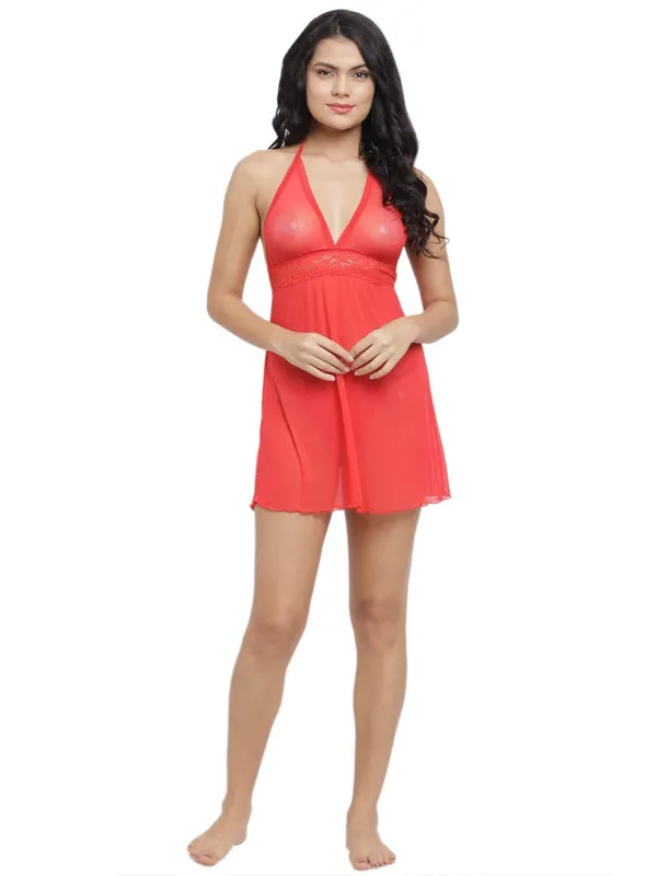 Red_Deep_V_Neck_Short_Nighty_Nightwear_Bridal_Babydoll_Dress_For_Women