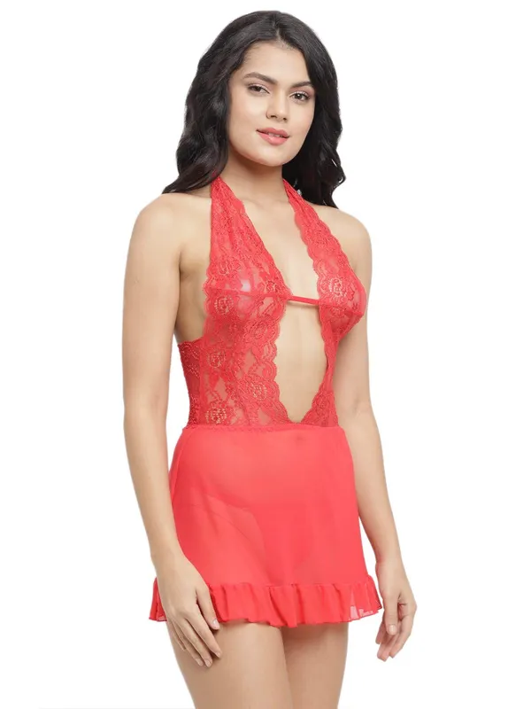Orange_Keyhole_Neck_Short_Nighty_Nightwear_Bridal_Babydoll_Dress_For_Women