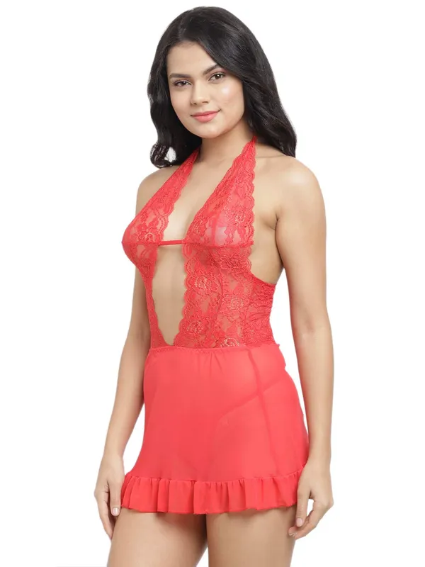 Orange_Keyhole_Neck_Short_Nighty_Nightwear_Bridal_Babydoll_Dress_For_Women