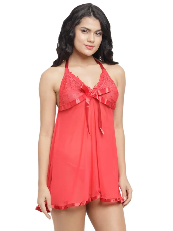 Ribbon_Style_Halter_Neck_Short_Nighty_Nightwear_Bridal_Babydoll_Dress_For_Women