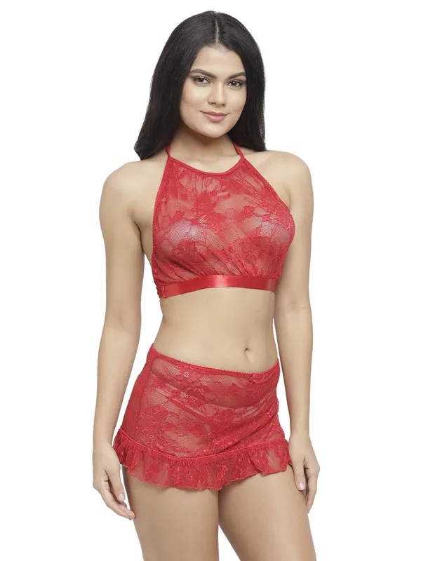 Floral_Lace_High_Neck_Crop_Top_Bra_Short_Skirt_Set_For_Women