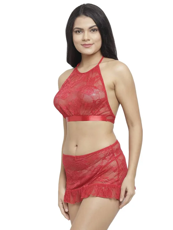 Floral_Lace_High_Neck_Crop_Top_Bra_Short_Skirt_Set_For_Women