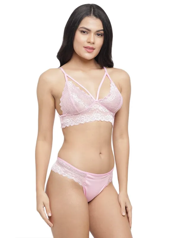 Pink_Deep_Neck_Lace_Bra_Panty_Set_For_Women