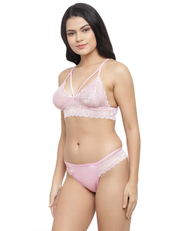 Pink_Deep_Neck_Lace_Bra_Panty_Set_For_Women