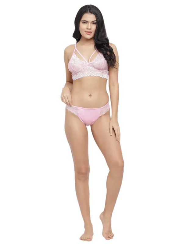 Pink_Deep_Neck_Lace_Bra_Panty_Set_For_Women