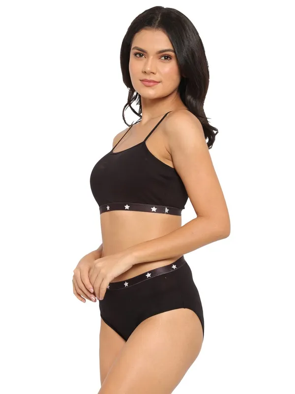 Black_Cotton_Star_Print_Bra_Panty_Set_For_Women