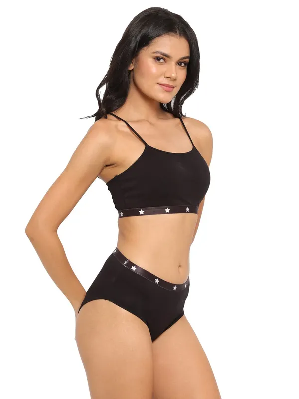 Black_Cotton_Star_Print_Bra_Panty_Set_For_Women