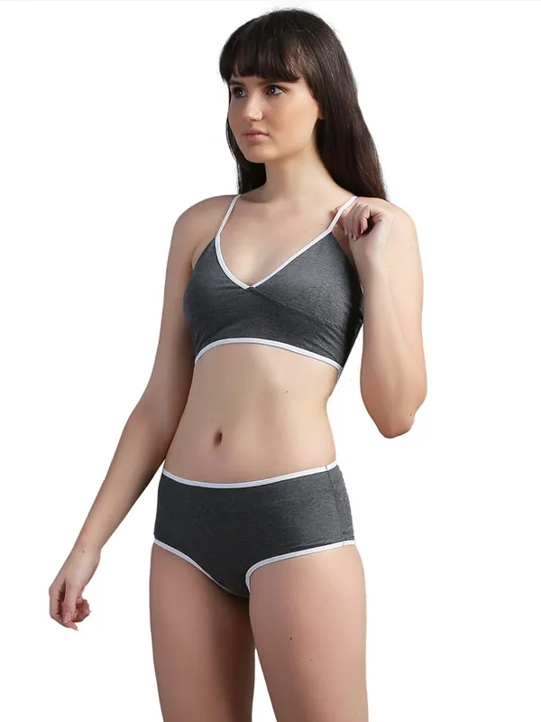 DarkGrey_Cotton_Contrast_Edge_Bralette_Brief_Set_For_Women