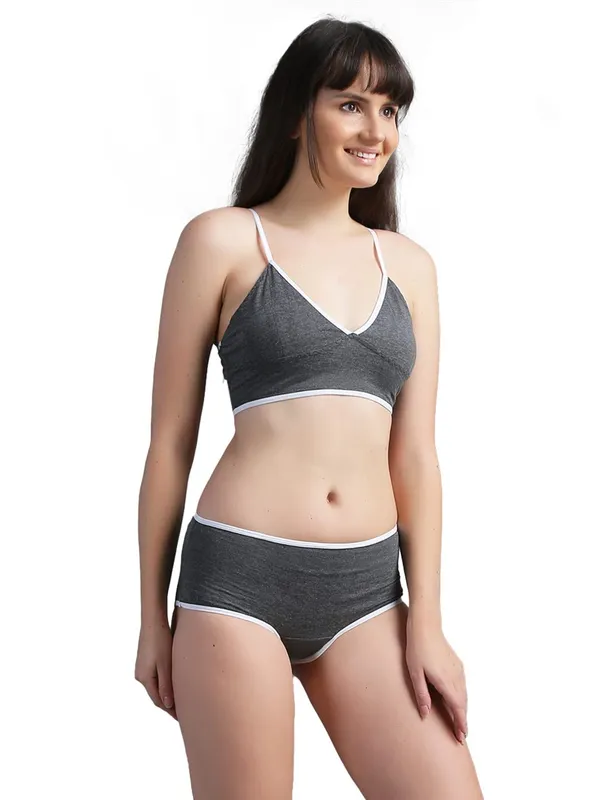 DarkGrey_Cotton_Contrast_Edge_Bralette_Brief_Set_For_Women