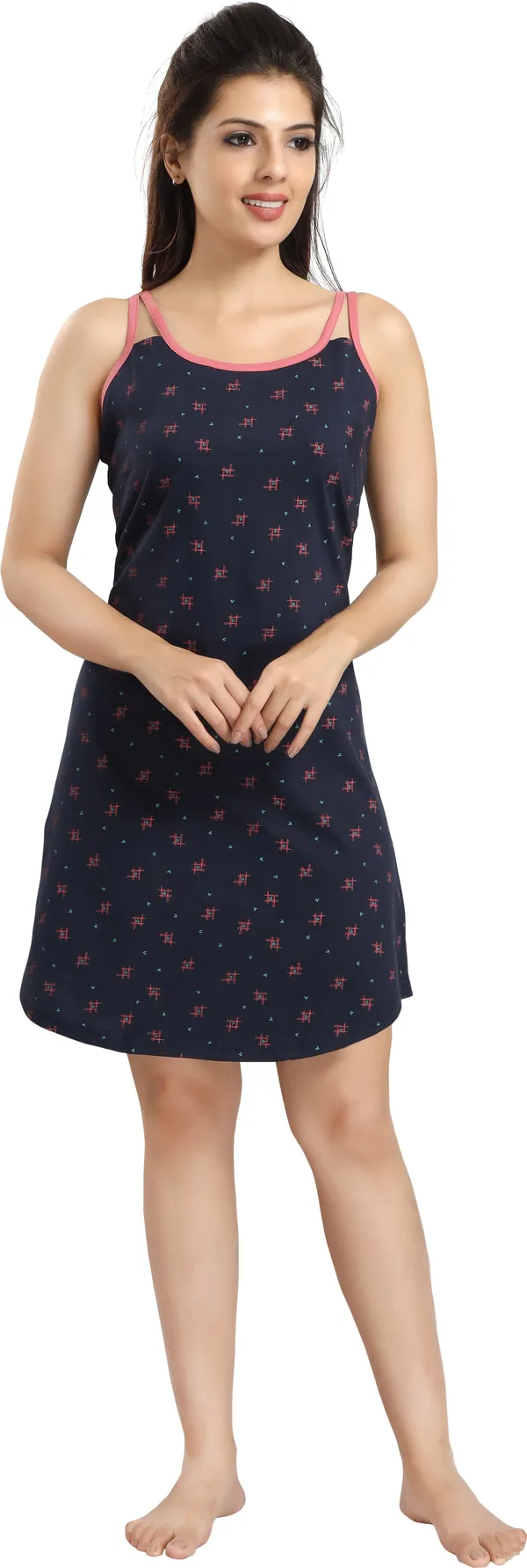 Dark_Blue_Cotton_Blend_Printed_Knee_Length_Nighty_For_Women