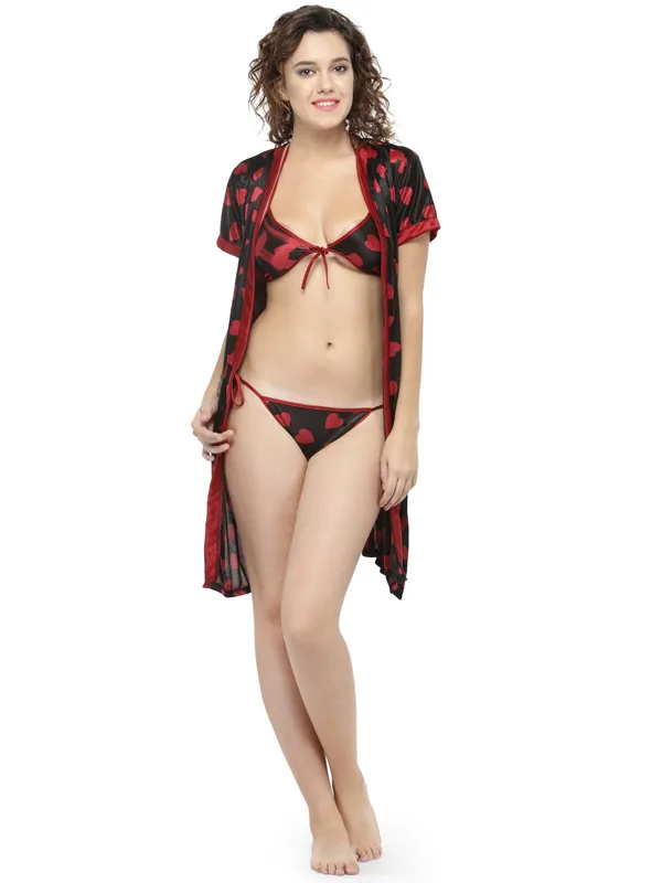 Maroon_Satin_Printed_Lingerie_with_Robe_Set_For_Women