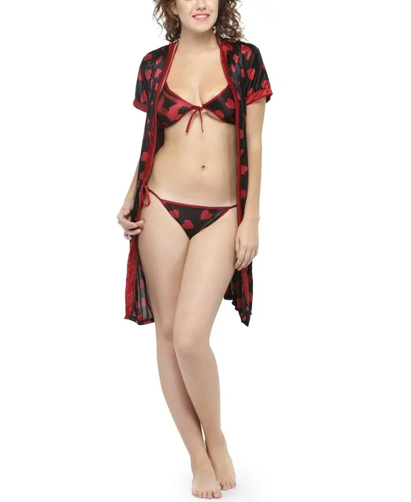 Red_Satin_Printed_Lingerie_with_Robe_Set_For_Women