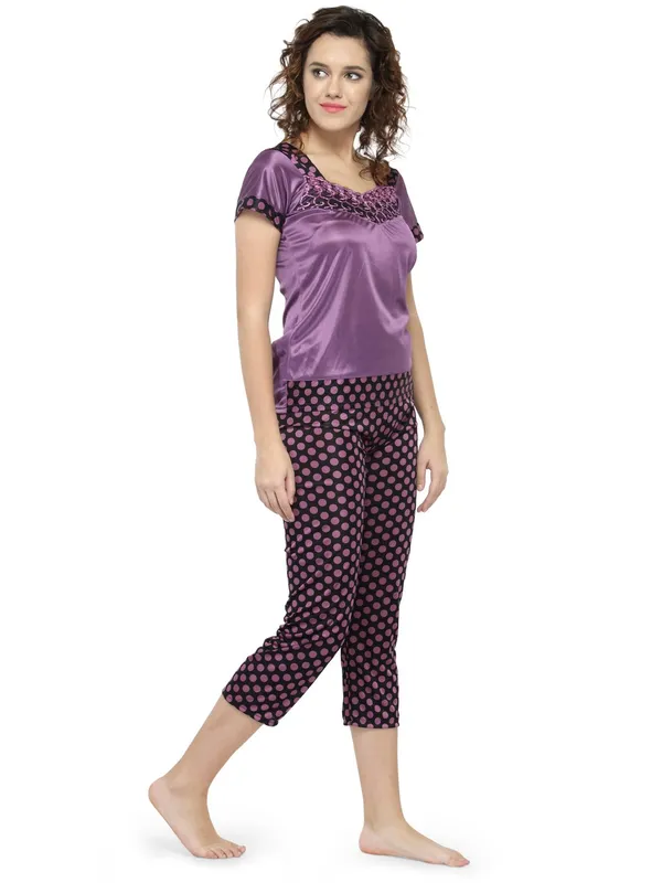 Purple_Satin_Polka_Print_Pyjama_Set_Nightsuit_For_Women