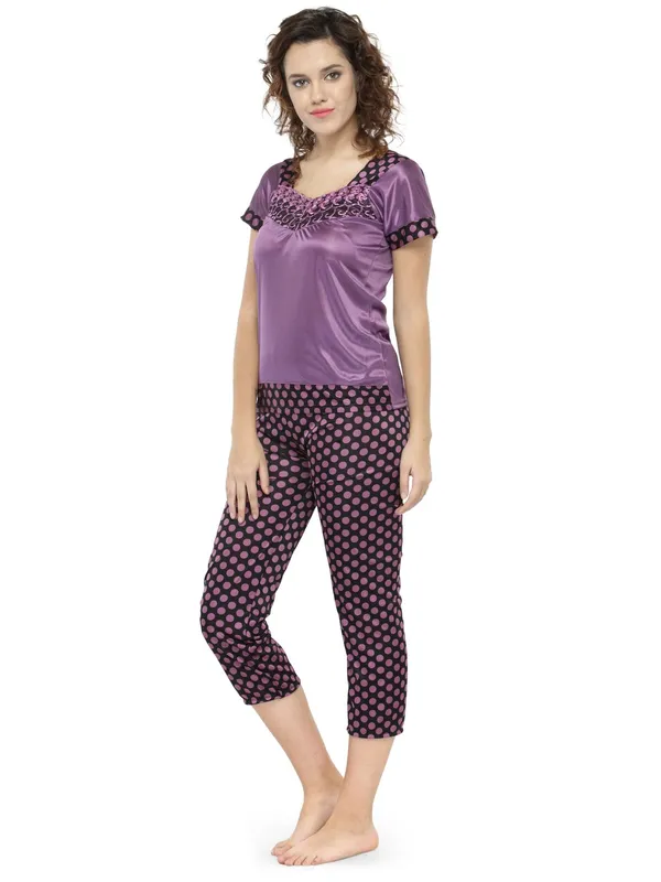 Purple_Satin_Polka_Print_Pyjama_Set_Nightsuit_For_Women