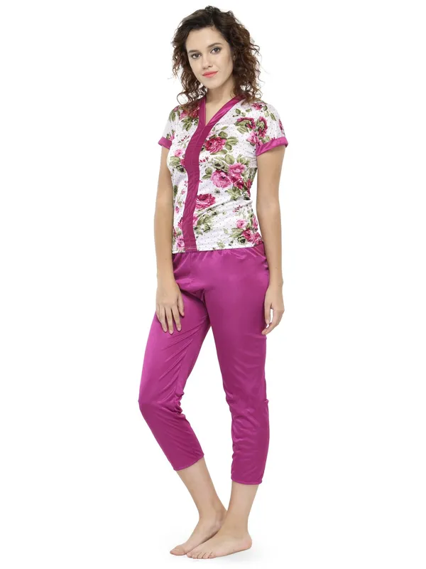 Magenta_Satin_Floral_Print_Pyjama_Set_Nightsuit_For_Women
