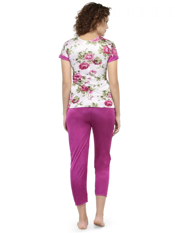 Magenta_Satin_Floral_Print_Pyjama_Set_Nightsuit_For_Women