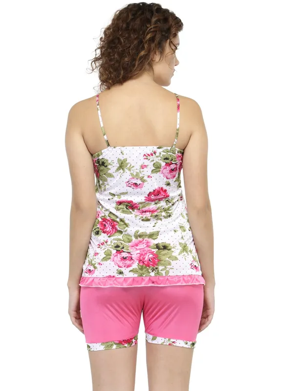 Pink_Satin_Floral_Print_Cami_Shorts_Set_For_Women
