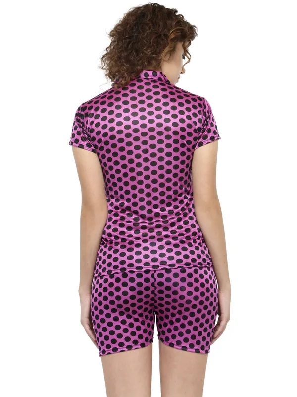 Purple_Satin_Polka_Dot_Print_Shirt_Shorts_Set_For_Women
