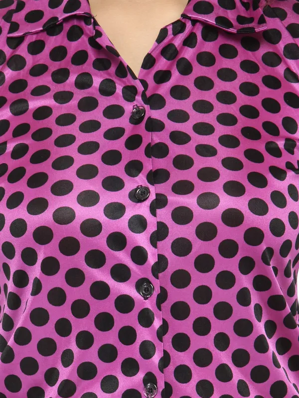 Purple_Satin_Polka_Dot_Print_Shirt_Shorts_Set_For_Women