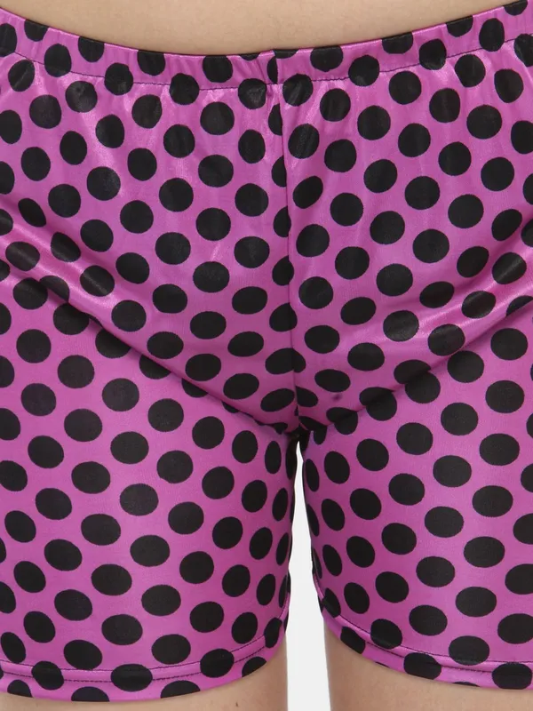 Purple_Satin_Polka_Dot_Print_Shirt_Shorts_Set_For_Women