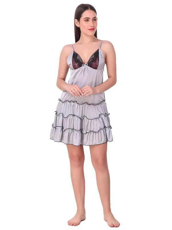Grey_Satin_Ruffle_Solid_Babydoll_Short_Nighty_For_Women