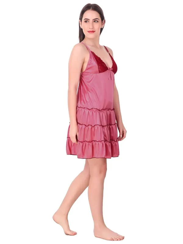 Peach_Satin_Ruffle_Solid_Babydoll_Short_Nighty_For_Women