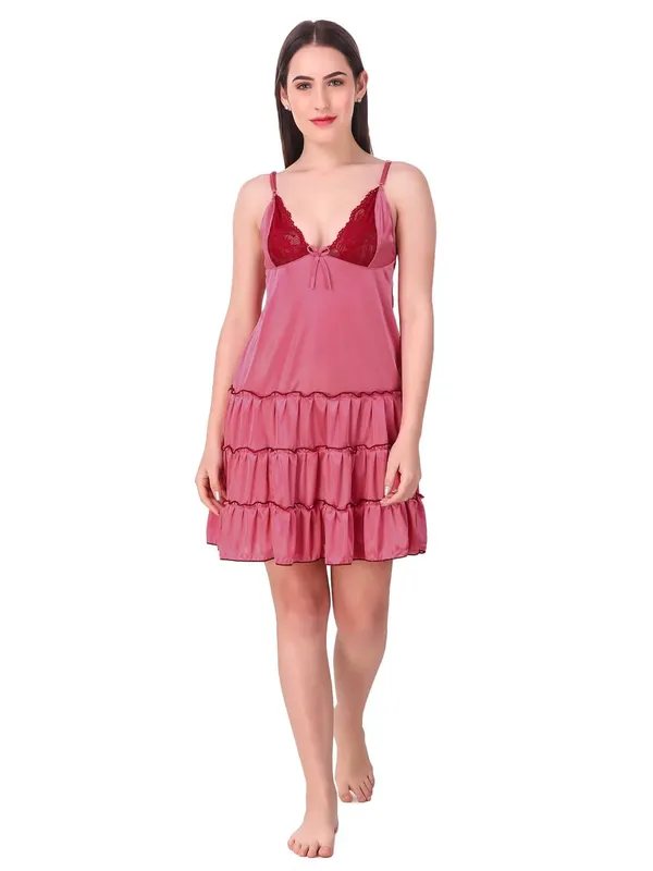 Peach_Satin_Ruffle_Solid_Babydoll_Short_Nighty_For_Women
