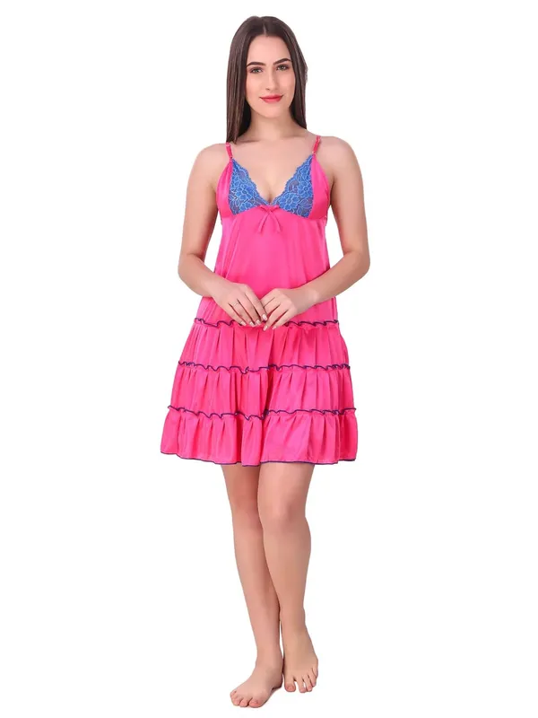 Pink_Satin_Ruffle_Solid_Babydoll_Short_Nighty_For_Women