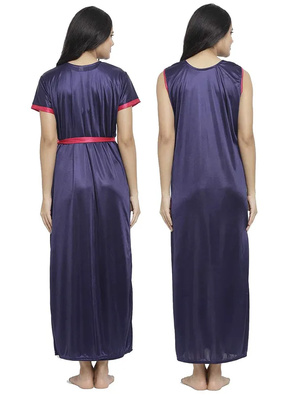 DarkBlue_Satin_Nighty_Robe_Set_For_Women
