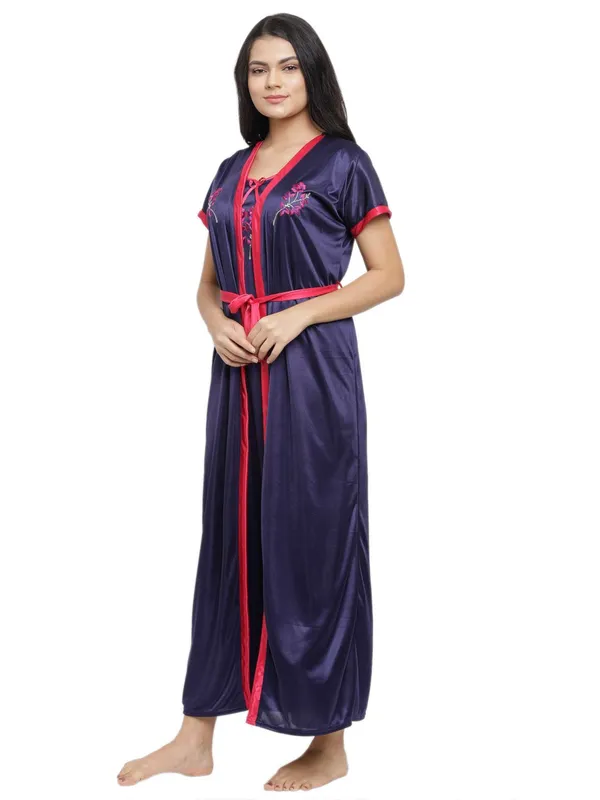 DarkBlue_Satin_Nighty_Robe_Set_For_Women