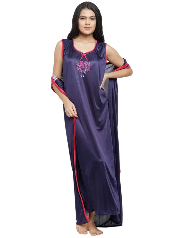 DarkBlue_Satin_Nighty_Robe_Set_For_Women