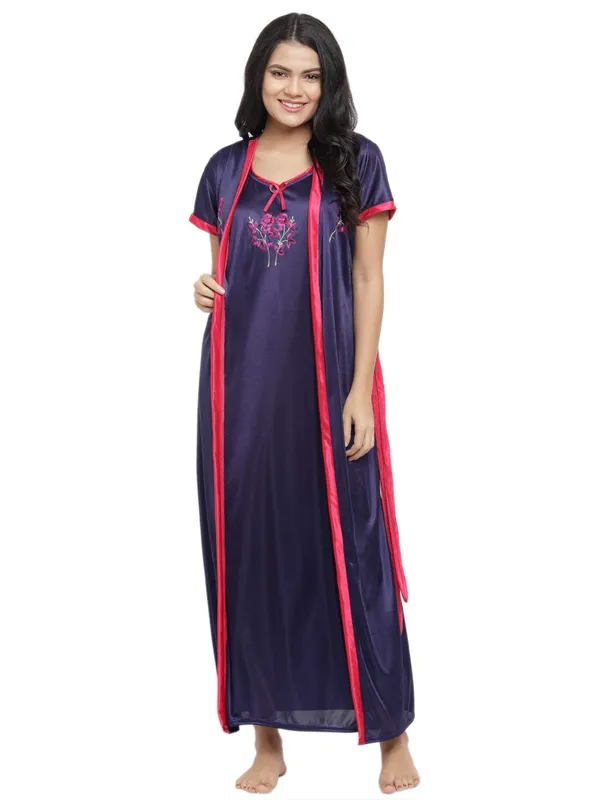 DarkBlue_Satin_Nighty_Robe_Set_For_Women