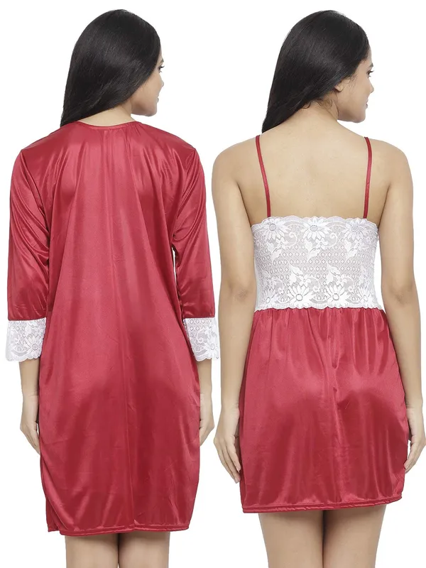 Maroon_Satin_Lace_Short_Nighty_Robe_Set_For_Women