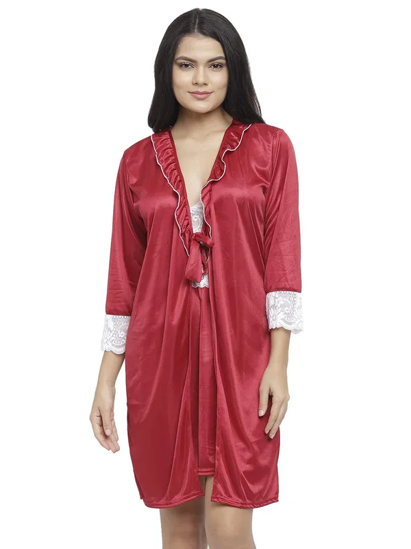 Maroon_Satin_Lace_Short_Nighty_Robe_Set_For_Women