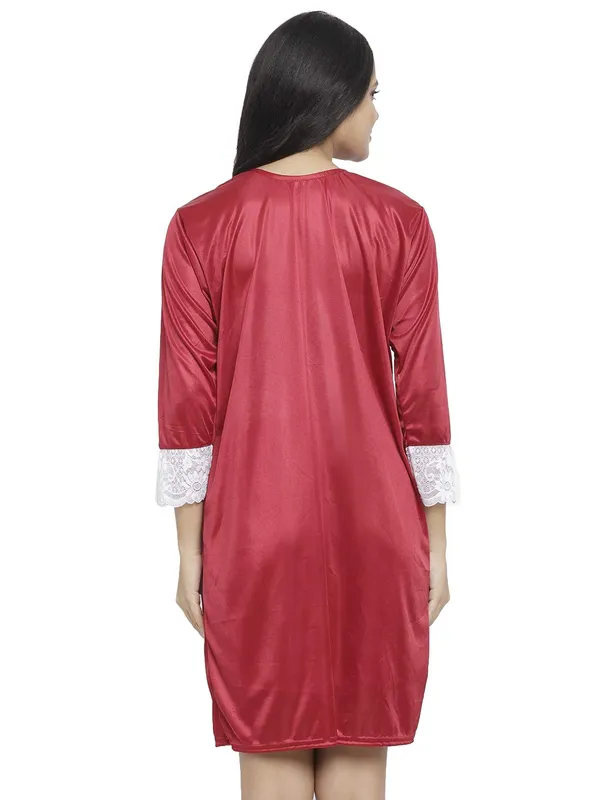 Maroon_Satin_Lace_Short_Nighty_Robe_Set_For_Women
