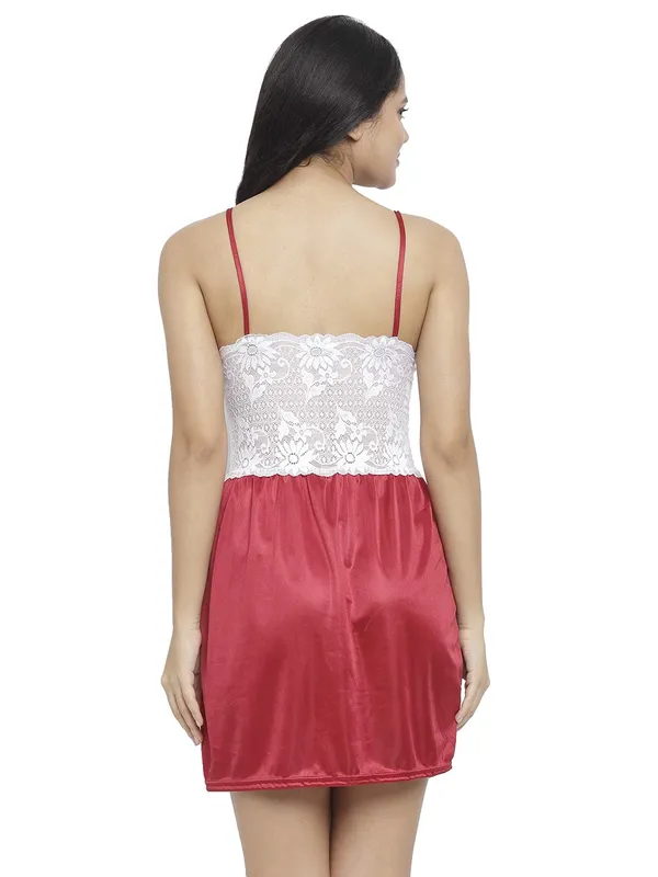 Maroon_Satin_Lace_Short_Nighty_Robe_Set_For_Women