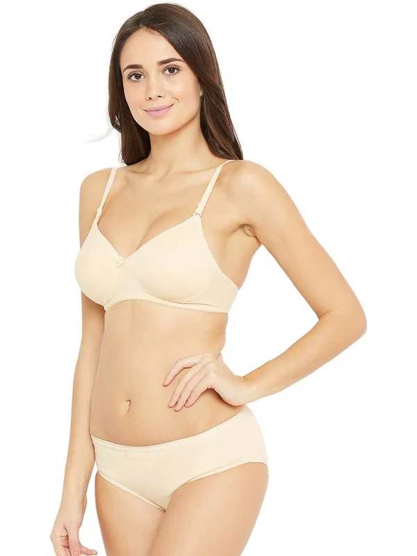 Cream_Padded_T-Shirt_Bra_Panty_Set_For_Women