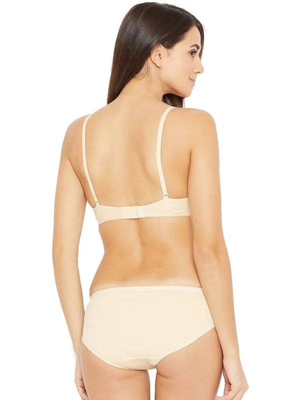 Cream_Padded_T-Shirt_Bra_Panty_Set_For_Women