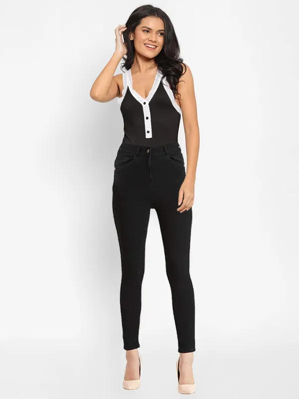 Black_Cotton_Elastane_Contrast_Side_Lace_Bodysuit_Top_For_Women